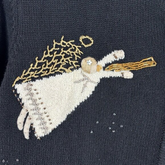 Carroll Reed Black Embroidered Angel Cardigan Beaded Size Medium Holiday Winter - Picture 5 of 13